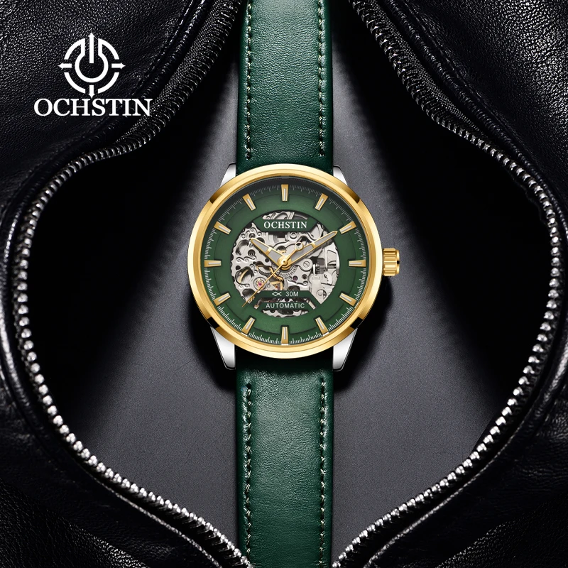OCHSTIN Luminous Hand Mechanical Movement Hollow Watches Genuine Leather Strap Master Series Men's Business Classic Wristwatch