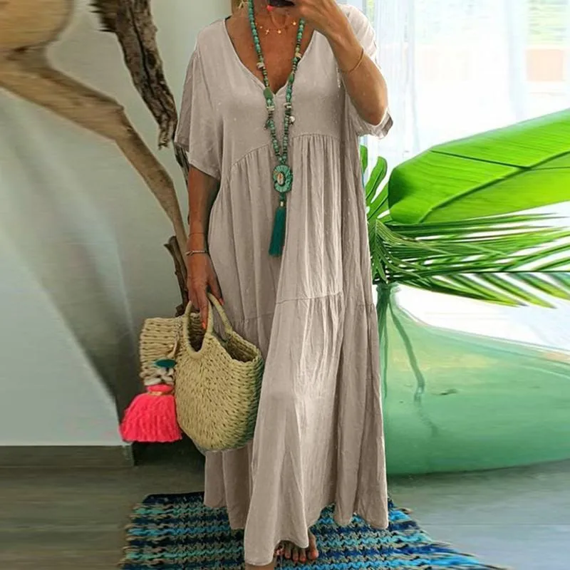 2026 Summer Women Casual Dress New V-neck Short Sleeve Pleated Solid Colour Loose Casual Long Dress Basic Hem Pleated
