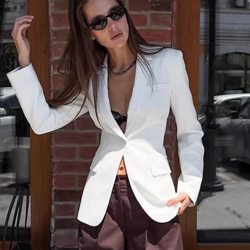 

Slim Fit Autumn Women Suit Jacket White Lapel Collar Lace Up Waist-cinching Lady Coat Minimalist Temperament Outwear For Female