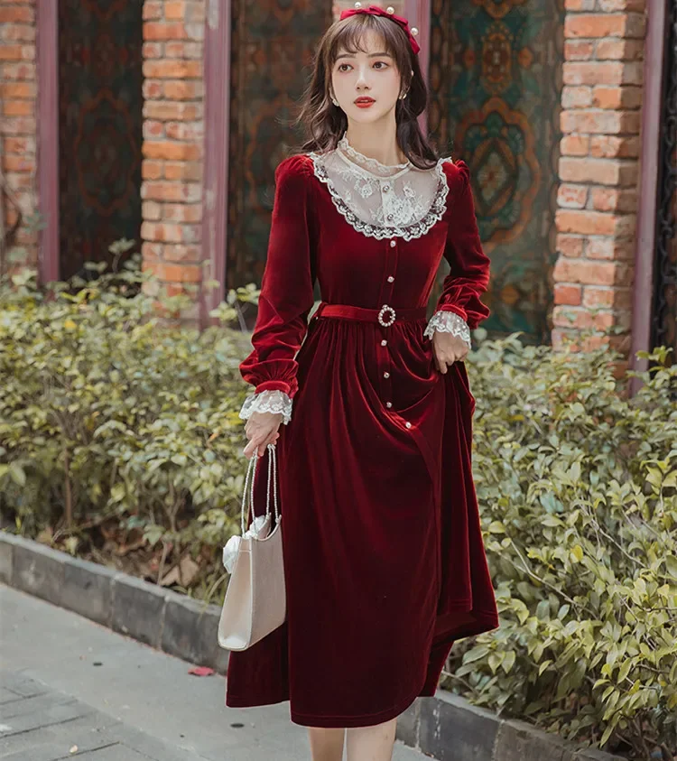 

French Style Vintage Red Velvet Dress For Slim Lady Retro Lace Petal Sleeve Romantic Woman Midi Dresses Vestido Robe Rouge Femme