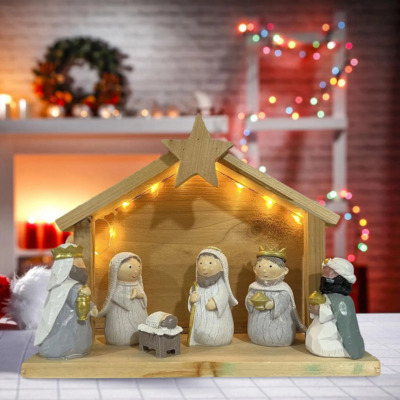 Christmas Nativity Scene Statue with Light for Bookshelf Cabinet Living Room
