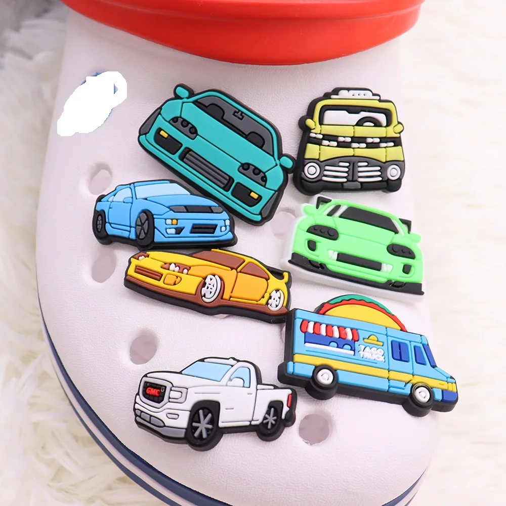 Single Sale 1PCS PVC Shoe Charms Kawaii Car Racing Sports Car Van Truck Bus Slipper Accessories Children Adorable Decorations
