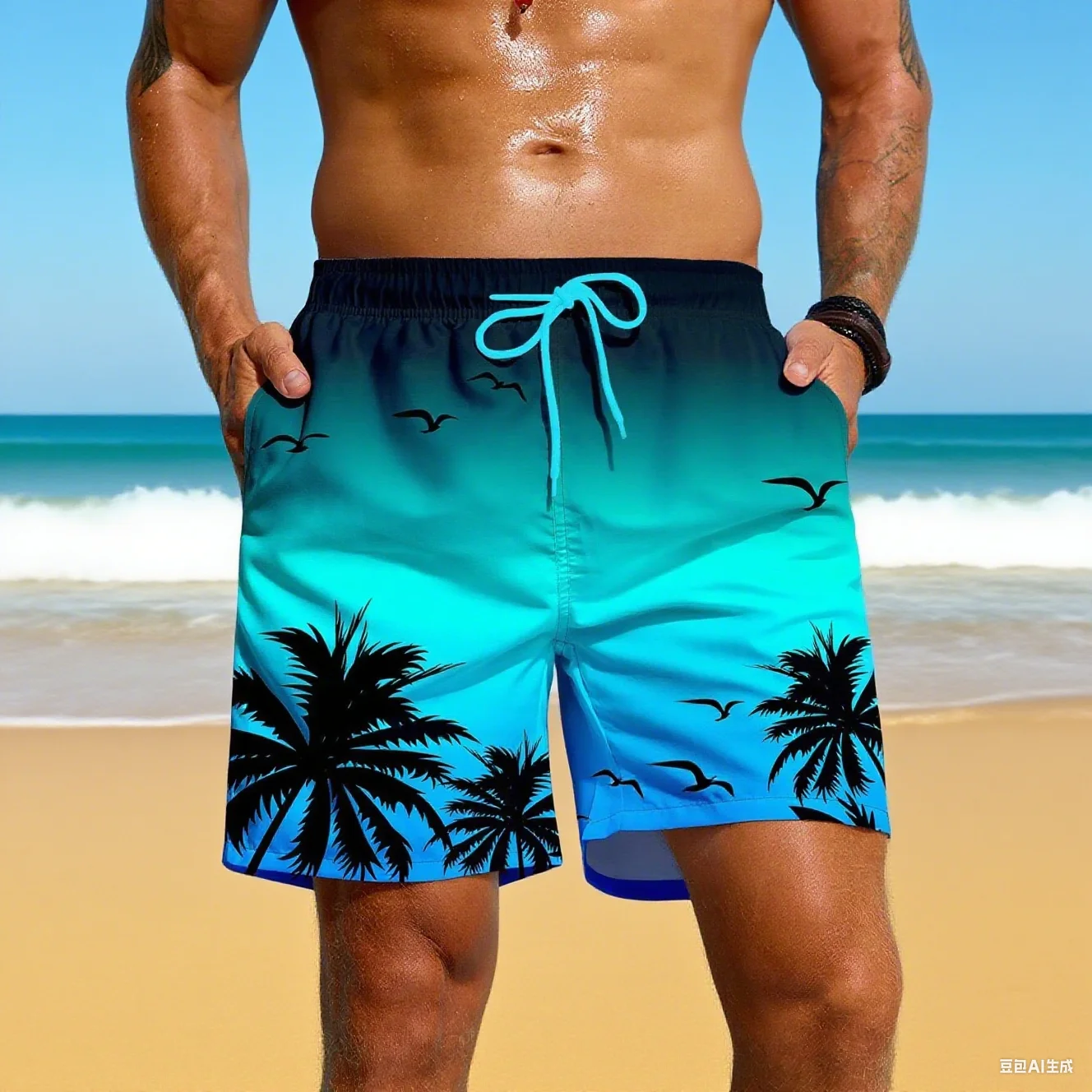 

Hawaii Vacation Gradient Printed Board Shorts Men's Clothing Drawstring Fun Tree Beach Shorts 2025 Summer Fashion Trend Swimming