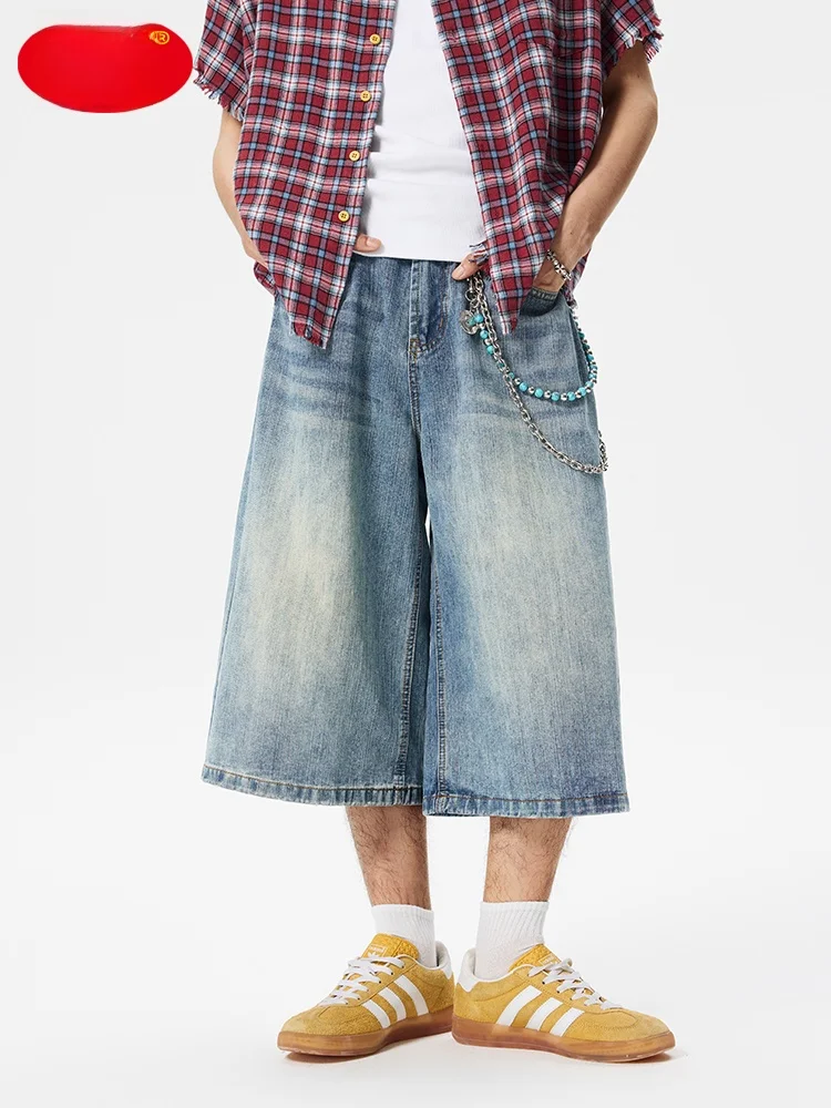 

AHAH Американские синие джинсы в стиле ретро, мужские свободные прямые джинсы с широкими штанинами и семью футами, летние трендовые молодежные джинсы из смеси хлопка