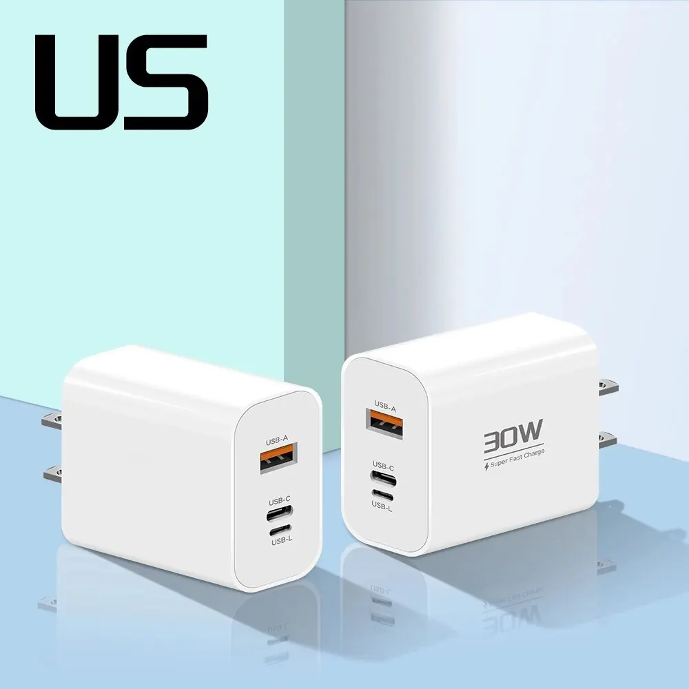 30W USB-C USB-L Charger Three-Port Flash Charging Moblie Phone Head Fit For Mobile Tablet Android For iPhone 15 14