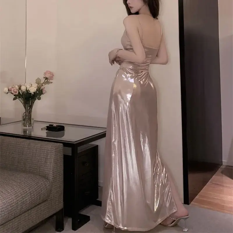 Elegante festa de noite maxi vestido feminino sexy rosa alta divisão cintas espaguete cor sólida sem mangas vestidos longos clubwear verão