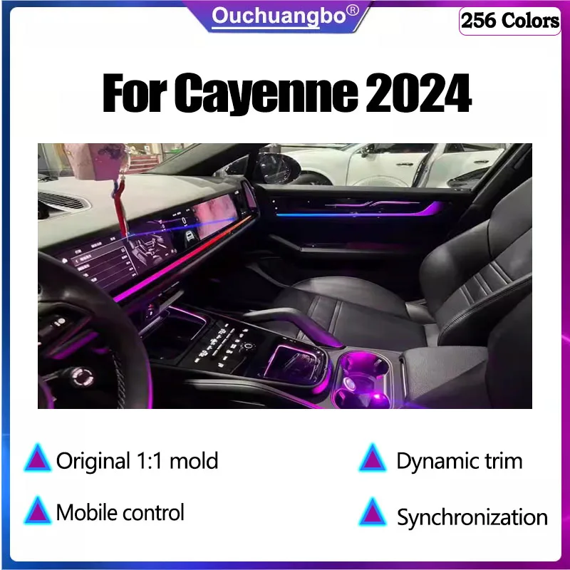 Ouchuangbo Atmosphere Lamp For Cayenne 2024 2025 Dynamic Magic 256 Colors Mobile Control Saddle Trim Car Ambient LED Light