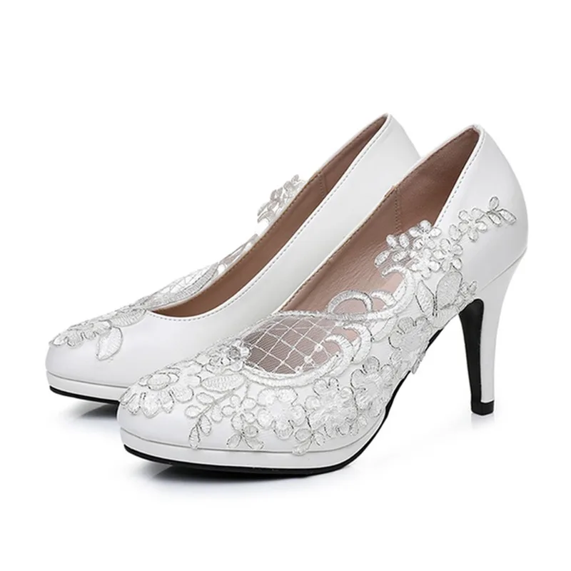 

Spring Round Toe Shallow Lace Mesh White PU Waterproof Table Wedding Shoes Banquet Dress Large Size Thin High-heeled Women Shoes