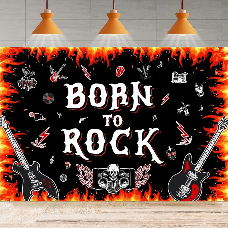 

Photography Backdrop 1950's Rock Star And Roll Flame Guitar Skull Black Red Music Birthday Background Home Party Backdrop Wall