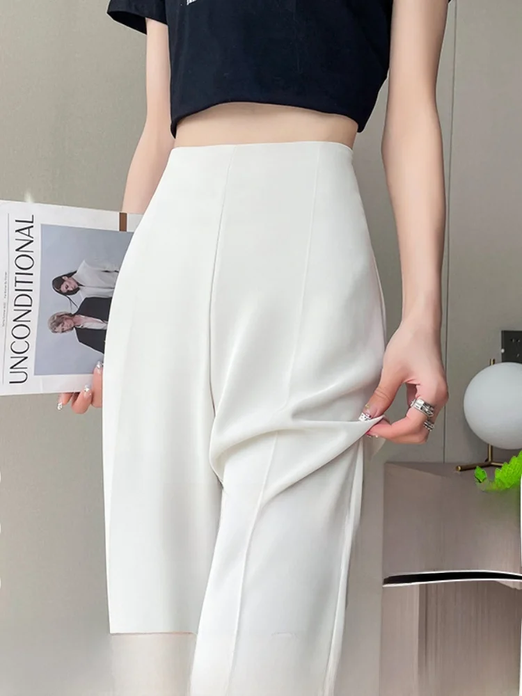 

High Waist Straight Leg Ice Silk Casual Pants Women's Slimming Trousers Commute Style Zipper Closure No-iron Korean Fashion