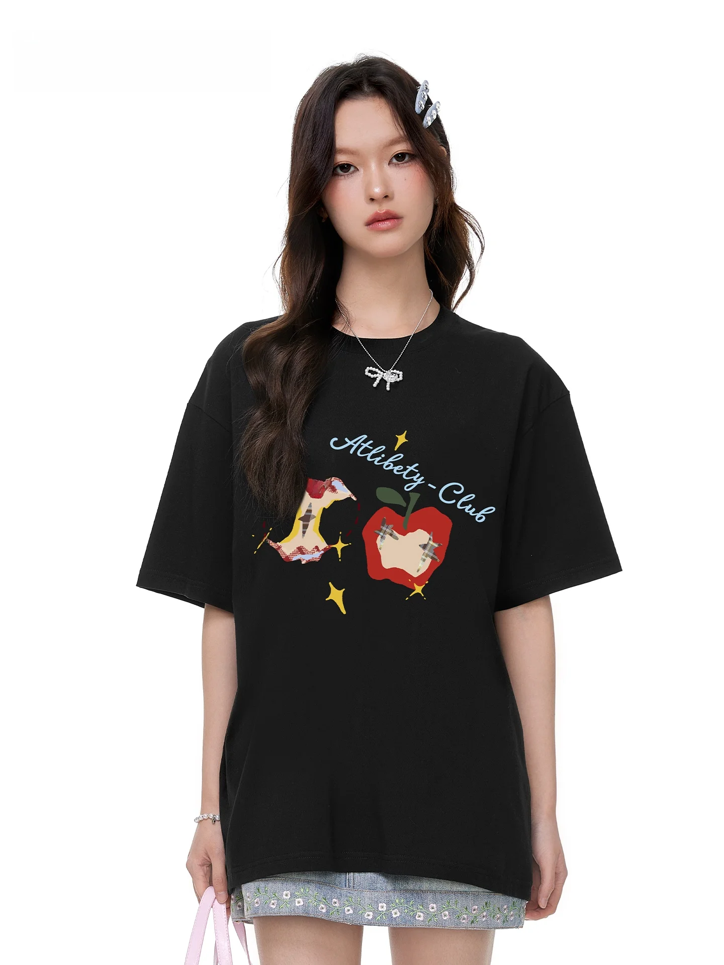 

Loose Fit Cotton T-irt Women's Letter Print ort Sve Casual Summer Top ex round Ne Basic Sle