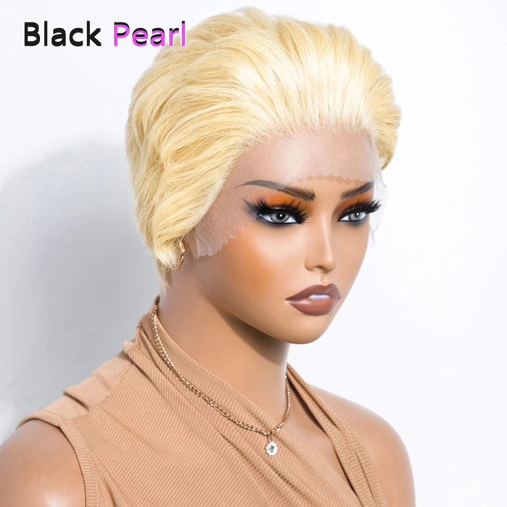 

Black Pearl Blond Lace Front Wig Brazilian Remy Human Hair Blonde Straight Bob Wig Pixie Cut Lace Front Slicked Back Style