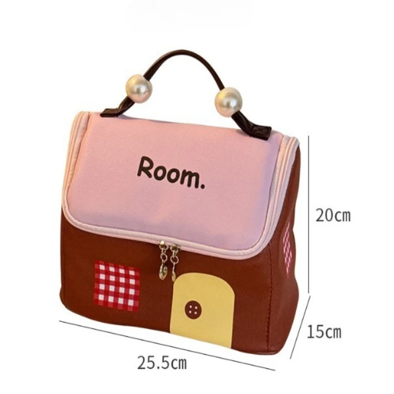 1pcs New Mini House Cosmetic Bag Portable Pearl Handle Large-Capacity Stylish House-Shaped Bag for Women Girls Travel Gifts
