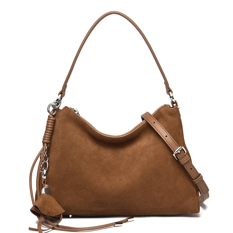 100% Echtes Wildleder Damen Schulter-Umhängetaschen Retro Echtleder Handtasche Designer Große Kapazität Pendler-Handtaschen – Detail 13