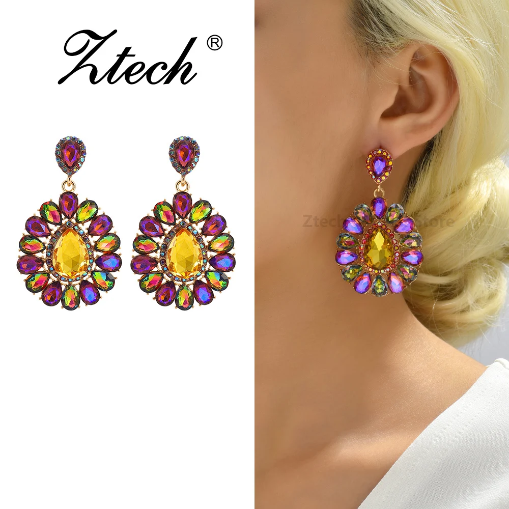 Ztech New Big Oval Crystal Green/Pink Drop Dangle Earrings For Women Korean Style Jewelry Fashion Statement Accessories Gift