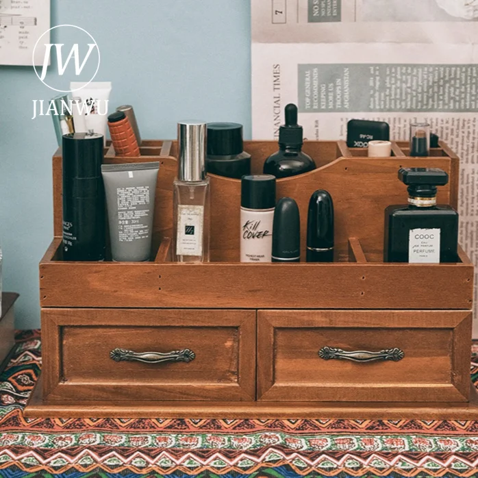 JIANWU Vintage Multifunctional Wooden Desktop Material Collage Storage Box Creative DIY Journal Student Supplies Stationery