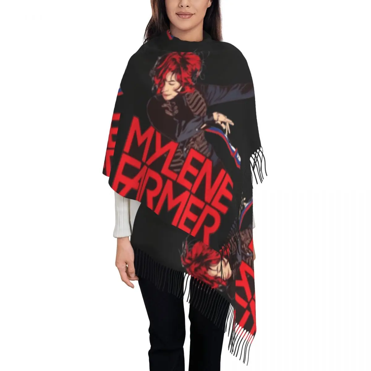 

Mylene Farmer Jeanne Gautier Scarf with Long Tassel Fashion Singer Shawl Wraps Women Printed Head Scarves Winter Vintage Foulard