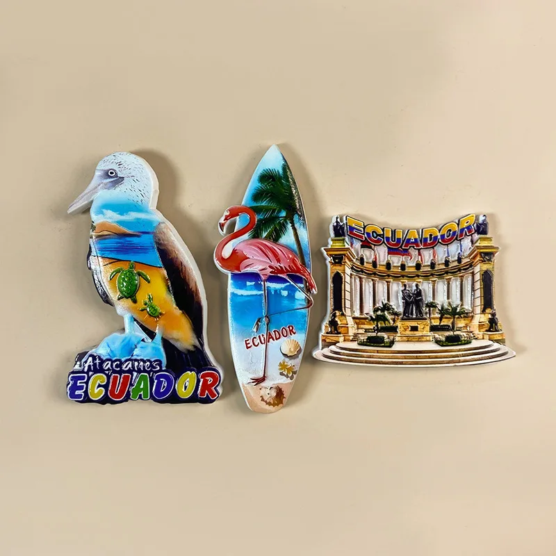 Ecuador Fridge Magnets: Blue-footed Booby, Surfboard with Flamingo & Historic Building. Perfect Refrigerator Accessories
