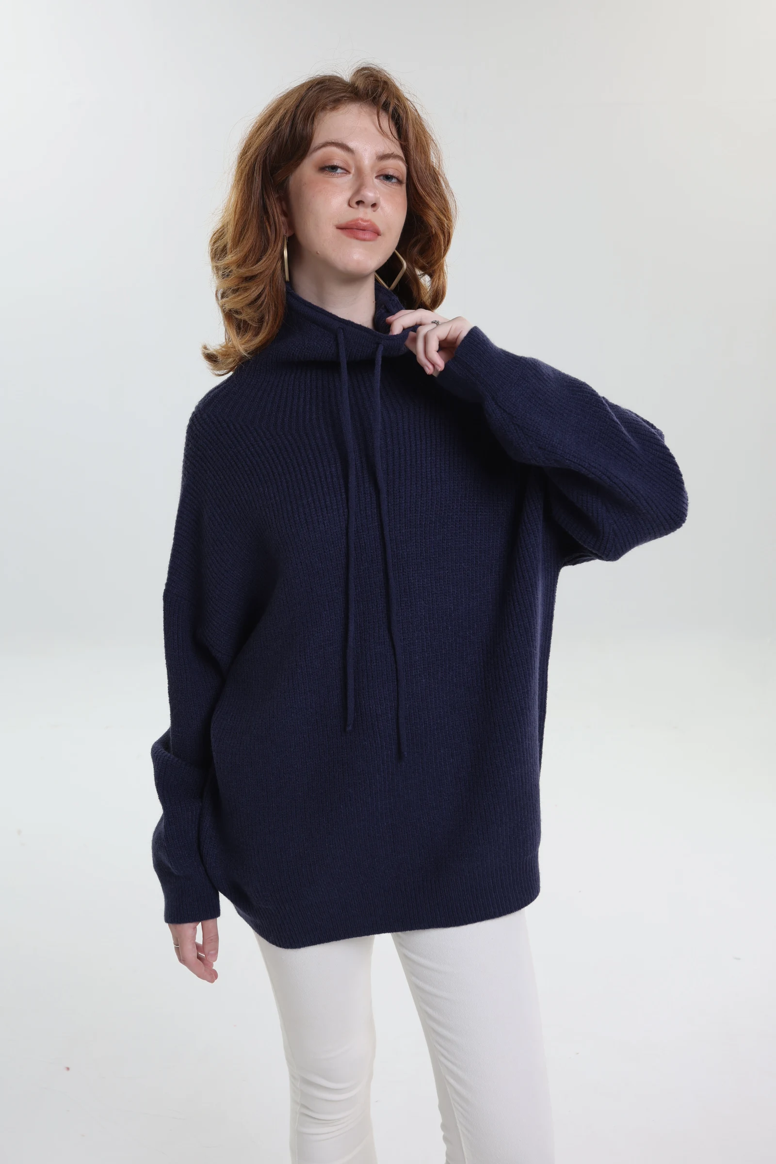 

Plus Size Oversized Sweater Women High Neck Cowl Neck Drawstring Loose Knitted Pullover Long Sleeve Solid Color Autumn Winter