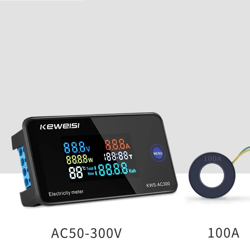 AC 50V~300V 100A Digital Ampermeter Power Energy Voltmeter Ammeter Volt Watt Kwh temperature Meter Time Split CT 110V 220V