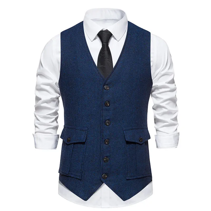 

Vintage Blue Tweed Suit Vest Men 2023 Brand Casual Western Herringbone Vest Waistcoat Men Business Wedding Groomsmen Vests Gilet