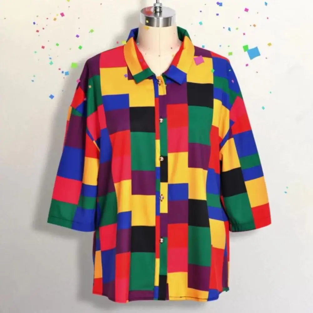 

Классическая женская рубашка в клетку с принтом 2025 года, однобортная женская рубашка с лацканами и половиной рукавов, разноцветная офисная блузка в клетку