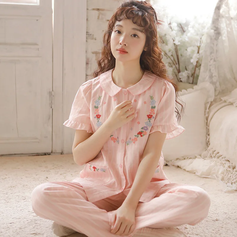 

Летний пижамный комплект 2026: вышитая женская пижама с короткими рукавами, милый и очаровательный домашний костюм