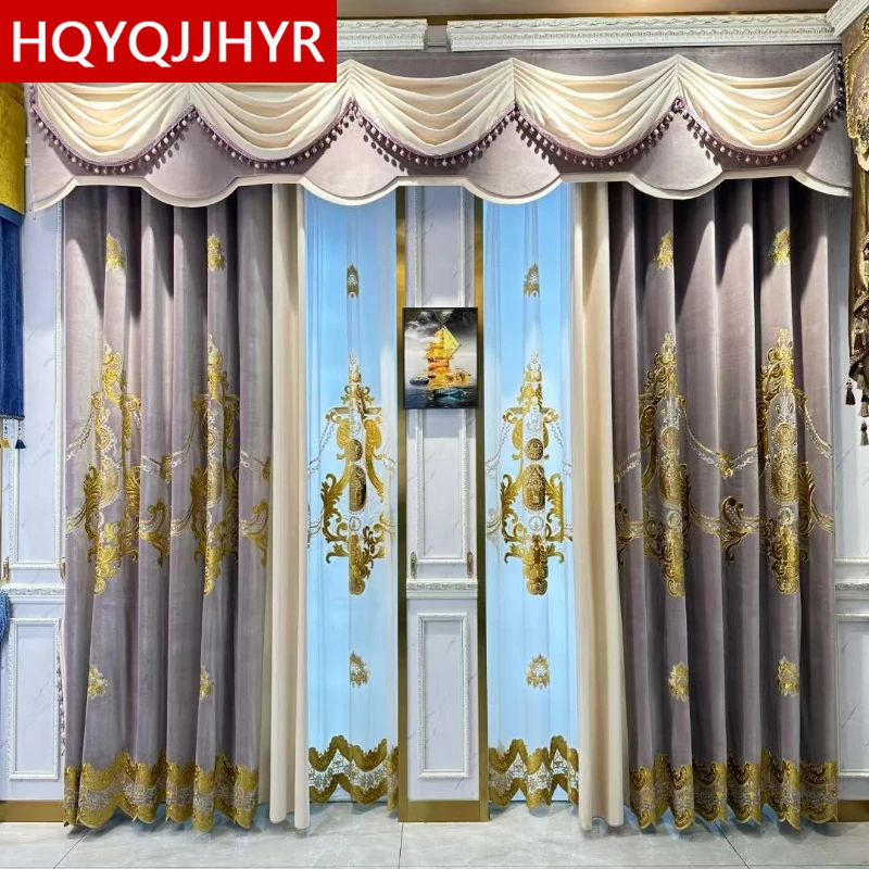 Europe Luxury Purple Gold Embroidered Villa Curtains for Living Room Windows High Quality Velvet Bedroom Hotel Valance Curtain