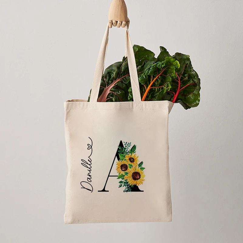 Sunflower Initials Customized Canvas Shoulder Bag Travel Storage Tote Bag Large Capacity Handbag Shopping Bags Personalized Gift