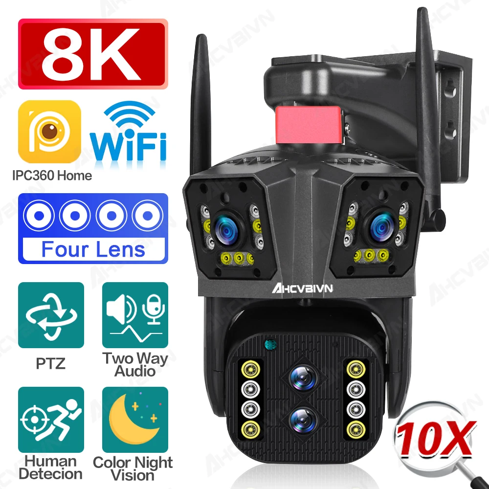 

4K 8K 16MP Wifi CCTV PTZ IP Security Camera Outdoor Four Lens Dual Screen 10X Zoom Auto Tracking Panoramic Surveillance Camera