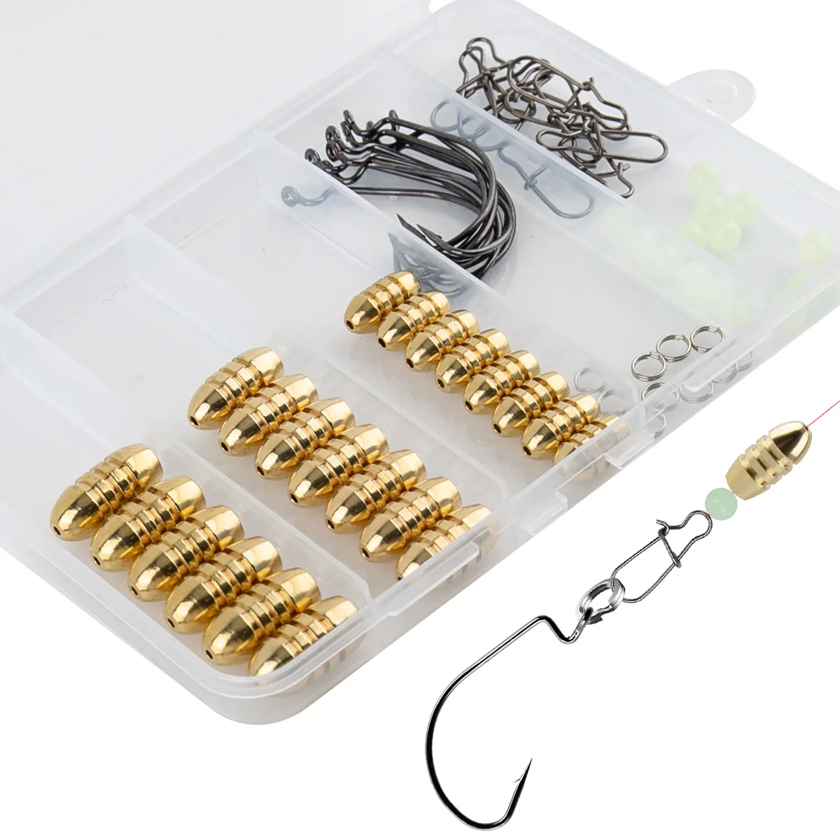 

Набор рыболовных грузил с латунными грузилами, джиг-крючки, поворотный кольцевой разъем для рыбалки, пластиковая коробка