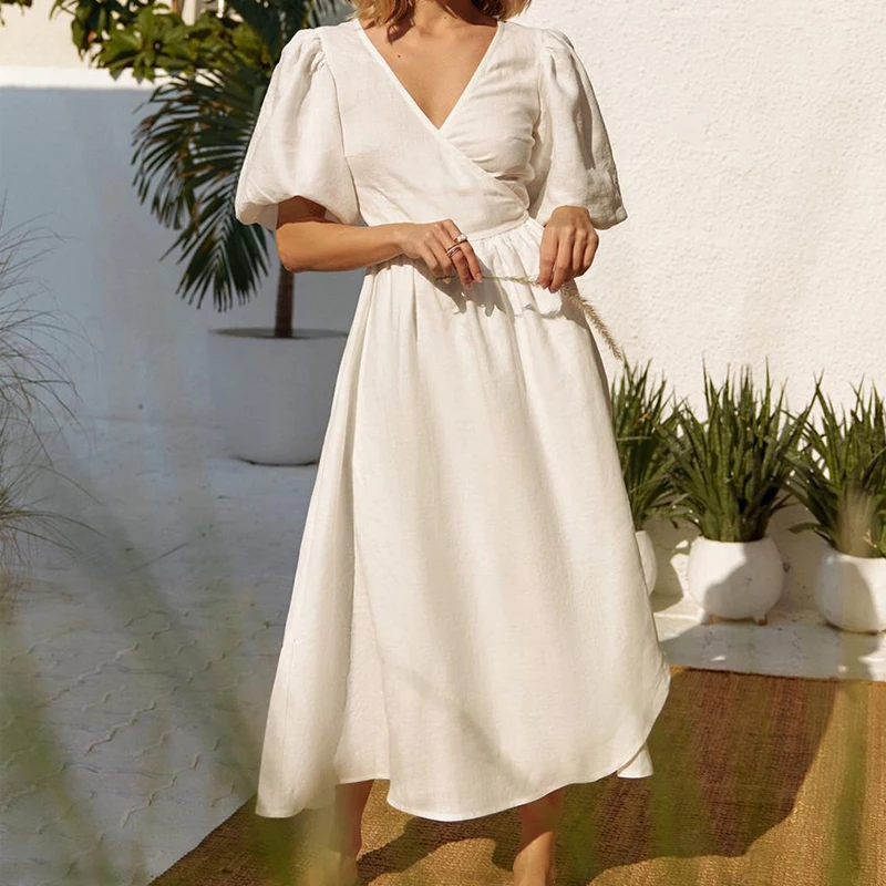 100% algodón mujer moda Puff manga cuello pico vestido largo cintura alta elegante Boho Maxi vestido Vestidos ropa