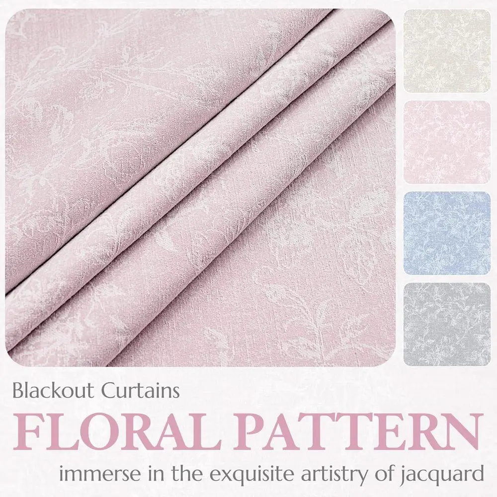 96 cortinas opacas de jacquard floral rosa para habitación de niñas, paneles de ojales aislados de chenilla