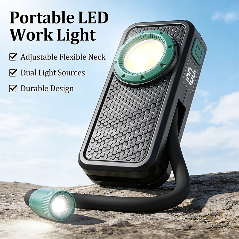 COB Magnetic Work Light Bendable USB Charging Digital Display Flashlight Car Repair Light with Back Clip for Emergency Camping