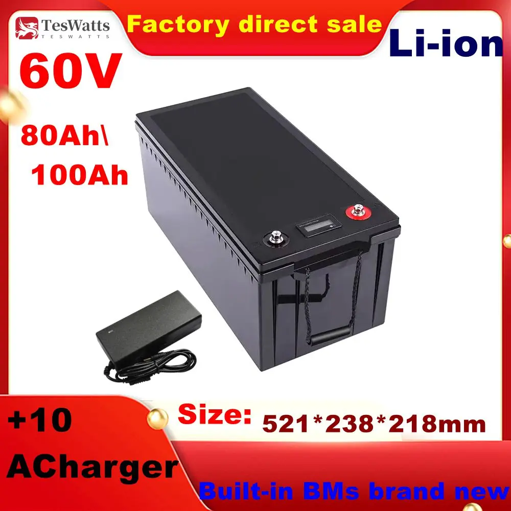 60V 80Ah 100AH li-ion Lithium Replace battery Solar System backup power Hybrid Electrical Vehicle golf cart + 10A charger