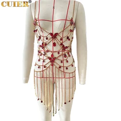CUIER Long Glass Rhinestones Dress for Women Sexy Glass Butterfly Body Chain Jewelry Tassel Red Color
