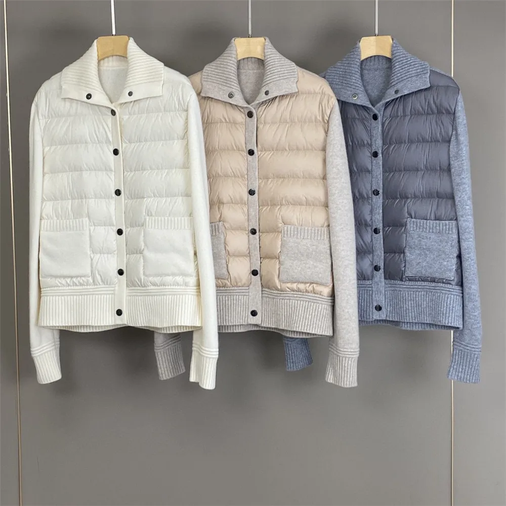 Women's Down Jacket Cashmere Knitted Sleeve Paneled Goose Down Coat Autumn Winter Woman Clothing