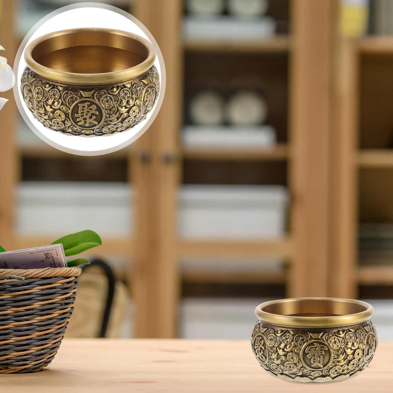 

Chinese Treasure Basin Vintage Copper Bowl For Wealth Lucky Money Holder Feng Shui Decor Ritual Bowl Home Ornament Kitchen
