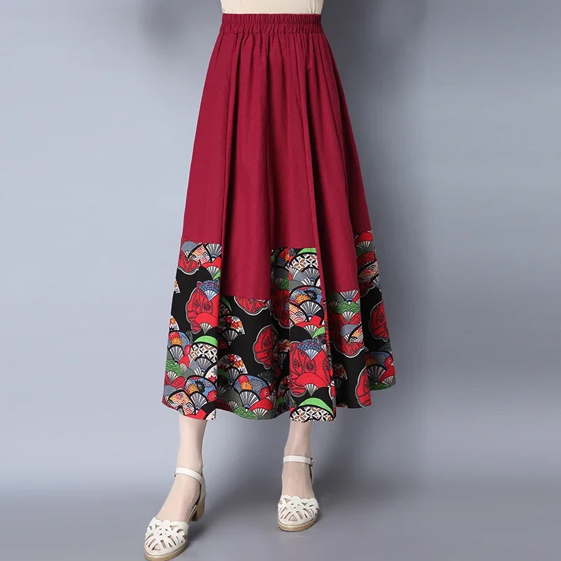 

Print Cotton Linen Spring Autumn Skirts Women Womens Long Skirt Harajuku Streetwear Embroidery Woman Clothes Casual China Style