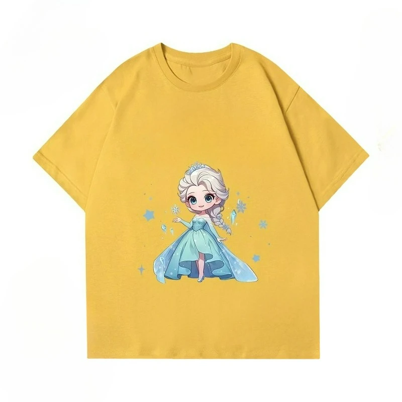 ديزني الأميرة إلسا الأطفال قصيرة الأكمام المرأة الصيف دعوى 2025 المرأة الجديدة عالية الجودة لطيف الرياح تي شيرتات قصيرة الاكمام