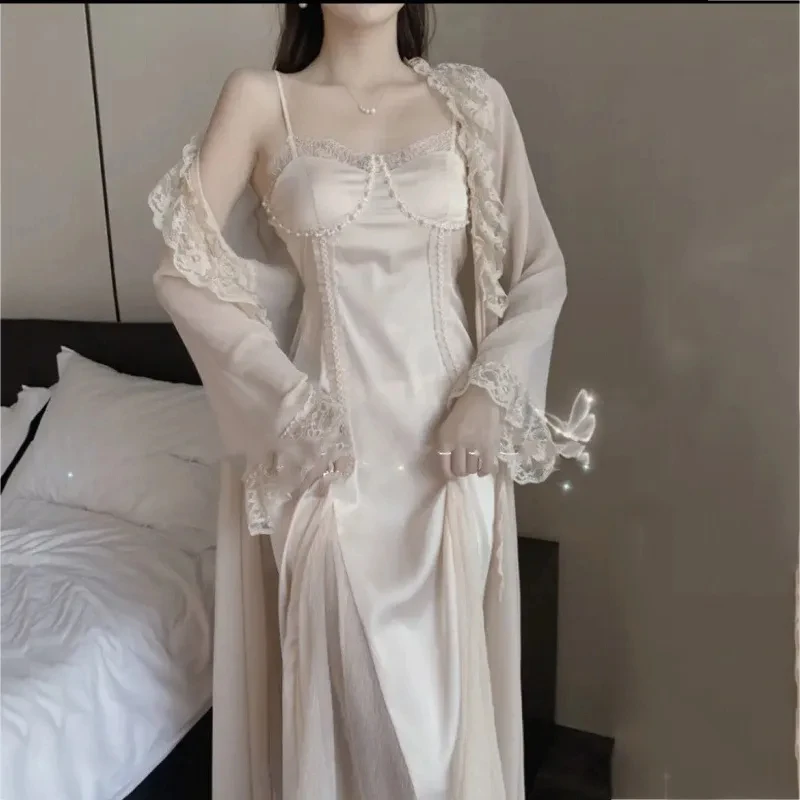 

Female Long 2PCS Nighty&Robe Sleepwear Set Sexy Long Lace Trim Bathrobe Gown Suspender Nightdress Summer Loose Satin Home Wear