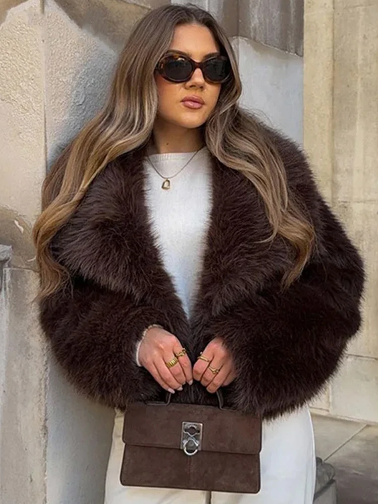 Women Brown Short Faux Fur Coat Fashion Lapel Long Sleeve Fluffy Loose Cropped Jacket Female Winter Daily Warm Street Outerwear