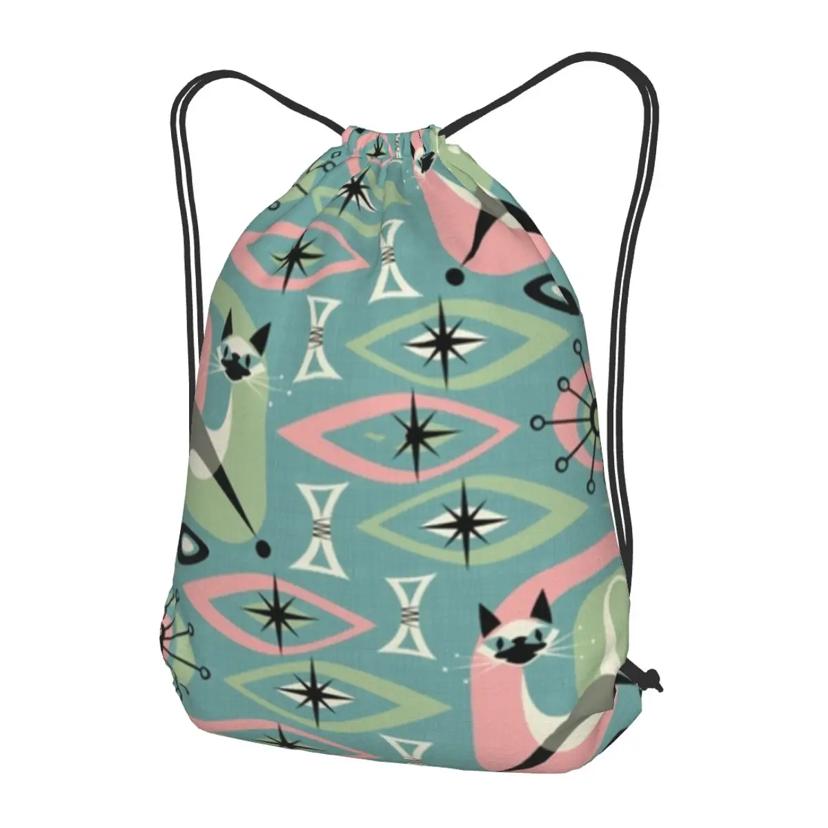 

Mid Century Siamese Cat Abstract On Blue Backpacks Casual Drawstring Bags Sports Bag Book Bags for Man Woman School