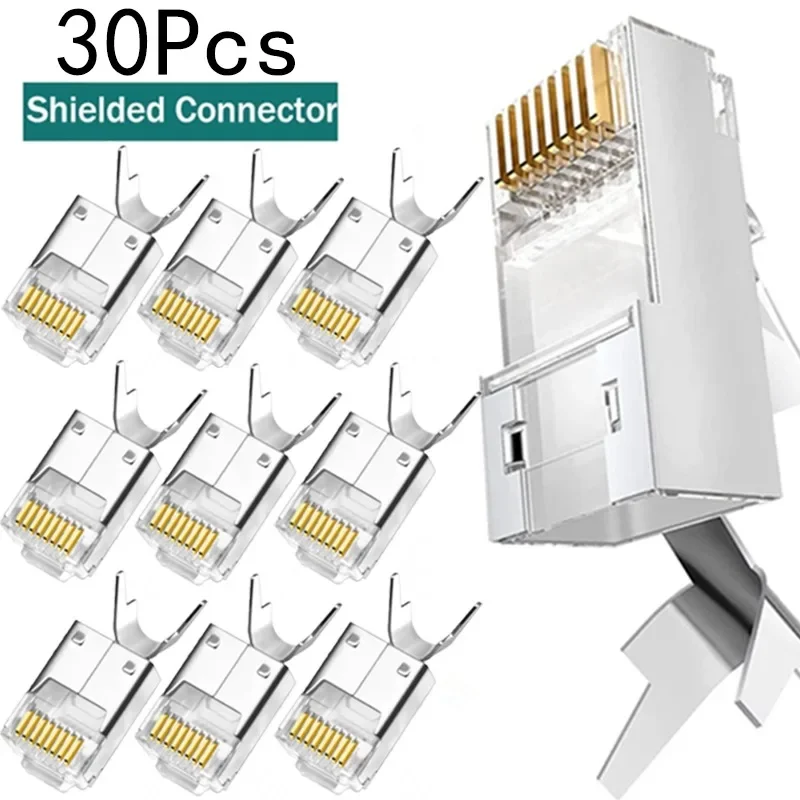 30-1Pc CAT7 Connector RJ45 Connectors Pass Through CAT7 Shielded UL-Listed 3-Prong with Strain Relief Boot Ethernet Modular Plug