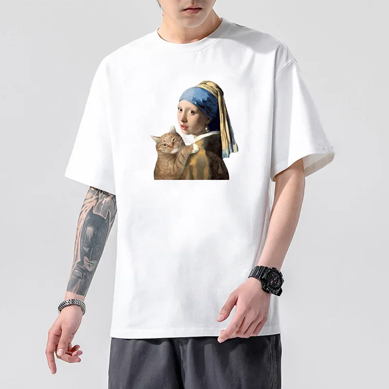 World Famous Painting T-shirt Man Spoof Mona Lisa Last Supper Vintage Oil Painting Cat Print Dress Woman Harajuku Graphic TEE