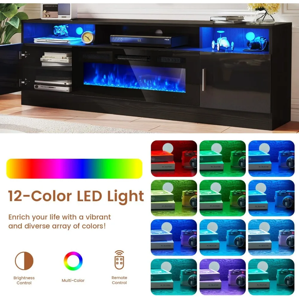 ตู้วางทีวีเตาผิงพร้อมไฟ LED และตู้เก็บของ สีดํา ห้องนั่งเล่น 70 นิ้ว