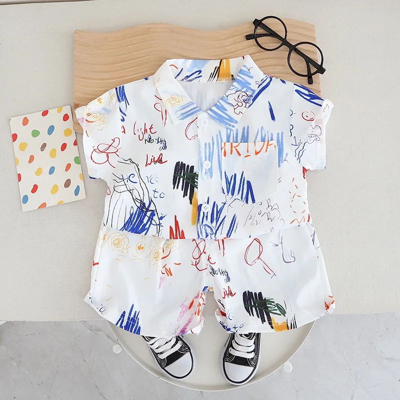 

Western Baby Boys Boutique Clothing 2024 Korean Fashion Printed Turn-down Collar Short Sleeve Shirts and Shorts Boy Outfit Set