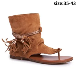 Large Size Sandals Women 2024 European American Retro Flat Bottom Tassel Clip Toe Sandals Cool Boots Women Ladies Shoes