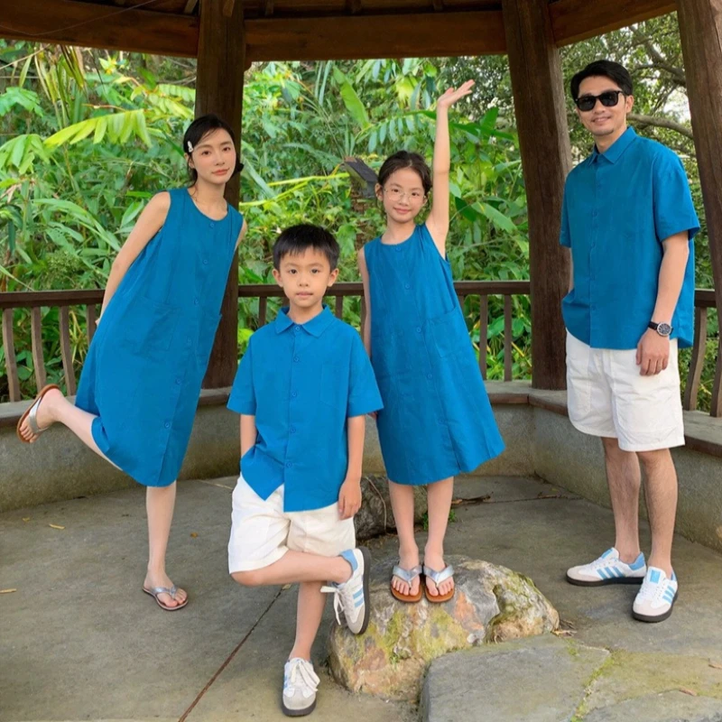 Holiday Family Matching Outfits Summer Mom Daughter Blue Dress Korean Dad Son Shirt Shorts Resort Photo Parent Child Clothes