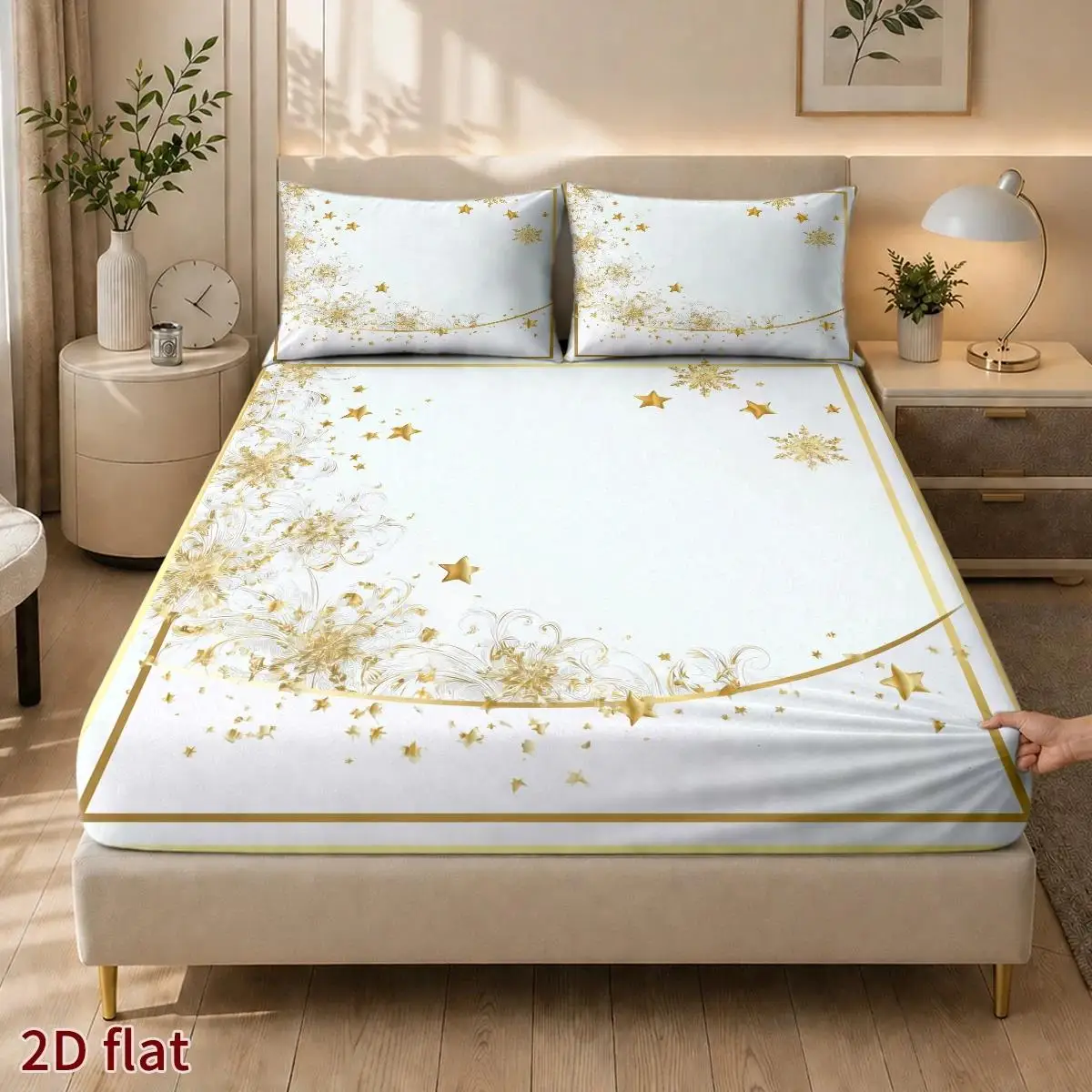 3-Piece Mattress Protector Set, Christmas Decoration 2D Flat Priting, Mattress Cover, Gold Snowflake and Star Decoration, Minimalist Style, Christmas, Mattress Cover Suitable for All Seasons, Machine Washable, Suitable for Home, Dormitory, Master Bedroom, Guest Room, Soft and Skin-Friendly, Dust-Proof and Mite-Proof, High Elasticity Fit, Easy to Store and Portable
